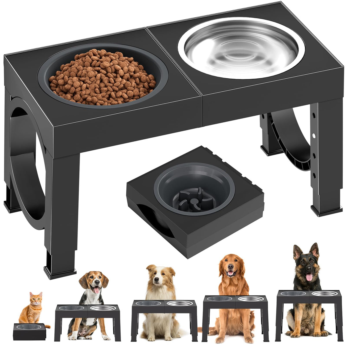 XIAZ Elevated Dog Bowls Large Breed Raised Dogs Bowl Stand Large/Medium Sized Dog Stainless Steel Food Water Bowl Stands 5 Heights Adjustable 9/11/12/14in Black Pet Feeder Dish Station