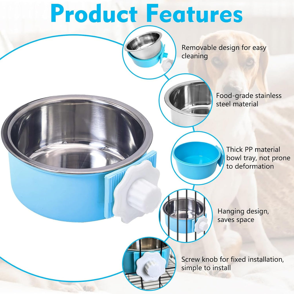 kathson Crate Dog Bowl, Removable Stainless Steel Hanging Pet Kennel Cage Bowl Food & Water Feeder Coop Cup for Puppy, Cat, Rabbit, Guinea Pigs Ferret Bird (2 PCS, Size: M, Blue and Green)