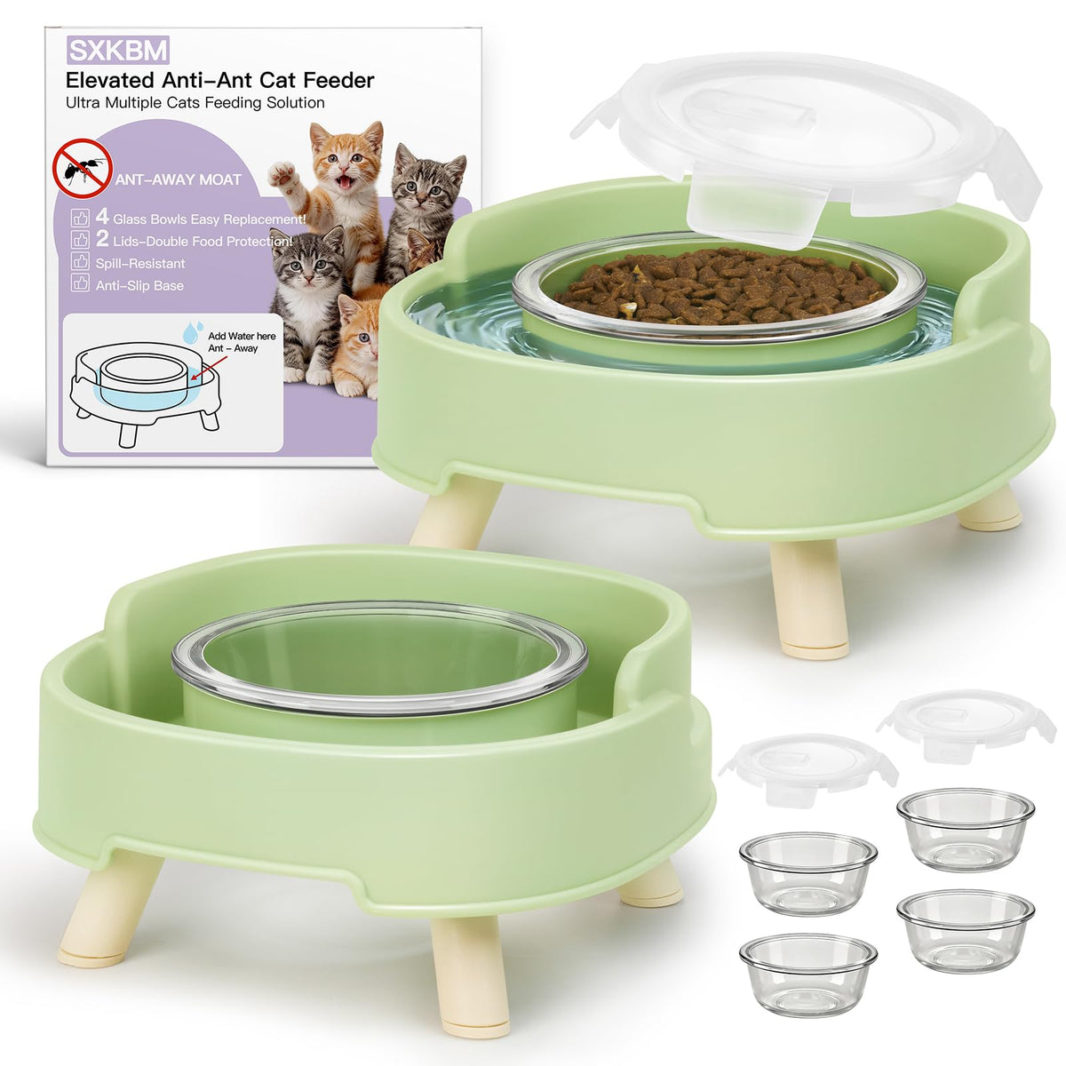 2 Pack Ant Not Cross Elevated Cat Bowls Mess Proof-4 Food Grade Glass Bowls & 2 Lids- No Spill Cat Food and Water Feeding Station for Cats&Puppy Indoor & Outdoor,No Whisker Fatigue Dish,Green