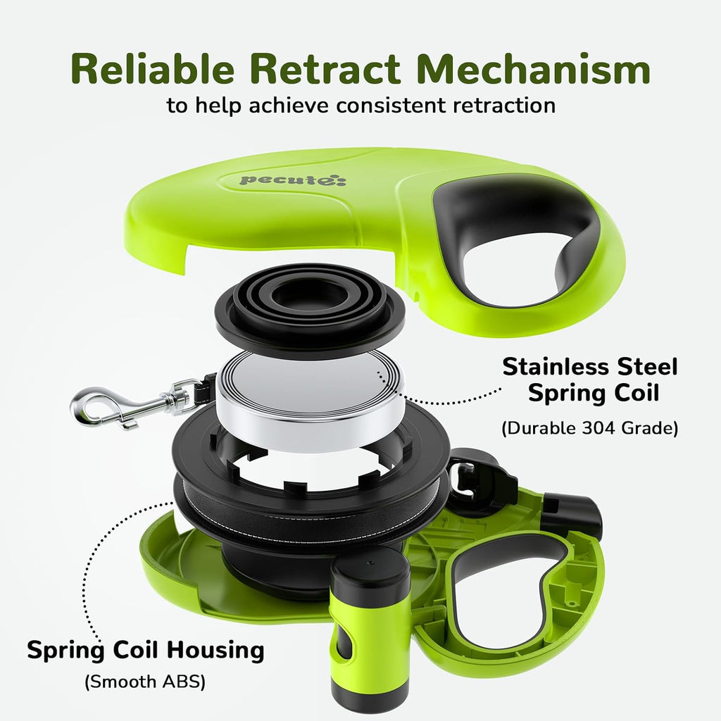Pecute 32ft Retractable Dog Leash with Reflective Strips, 360° Tangle-Free, One-Button Control & Sturdiness Nylon Material, Long Leash Retractable with Poop Bag Holder for Medium Large Dog
