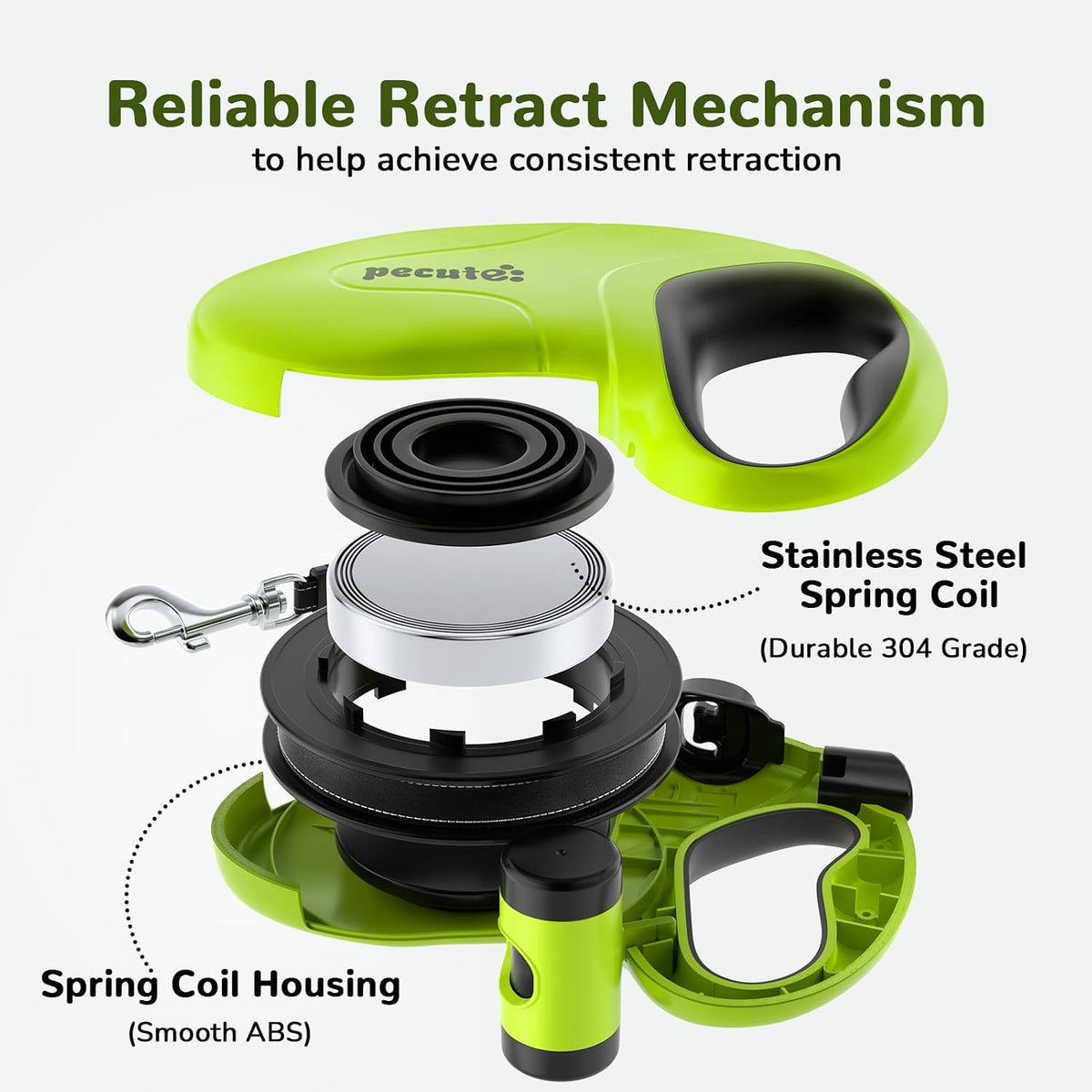 Pecute 32ft Retractable Dog Leash with Reflective Strips, 360° Tangle-Free, One-Button Control & Sturdiness Nylon Material, Long Leash Retractable with Poop Bag Holder for Medium Large Dog
