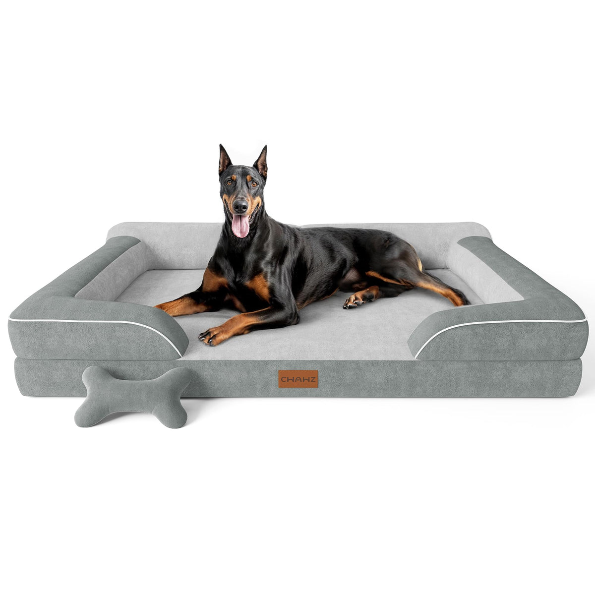 CWAWZ Extra Large Dog Bed, Orthopedic Dog Bed with Cooling Gel Memory Foam, Waterproof XL Pet Bed with Removable Washable Cover, 42" Pet Sofa Couch Dutch Velvet with Bone Toy, Light Gray