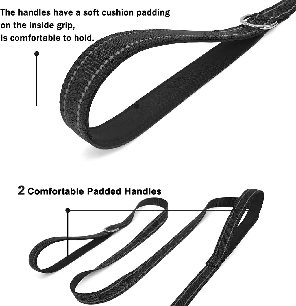 6 FT Black Nylon Reflective Dog Leash for Large Dogs with 2 Padded Handle