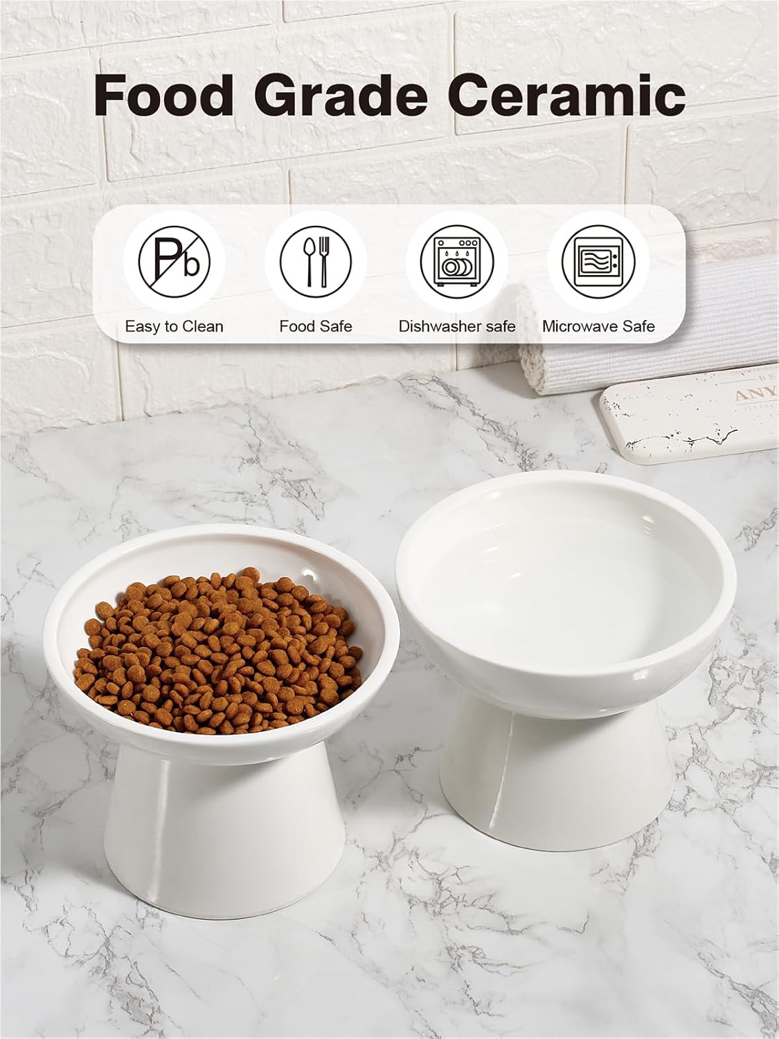 LoeJan Elevated Cat Food and Water Bowls Set, Extra Wide and Raised Ceramic Bowls, Anti-Vomit Whisker-Free Pressure Cat Feeder for Kittens to Adult Cats and Small Dogs (White, Water Bowl)