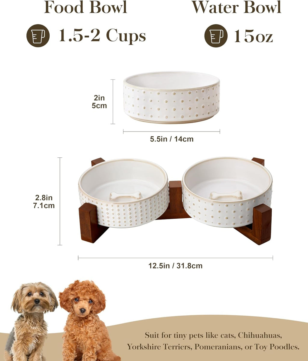 MALACASA Dog Bowl Set, Ceramic Bowls with Walnut Wood Stand, 2 Cups
