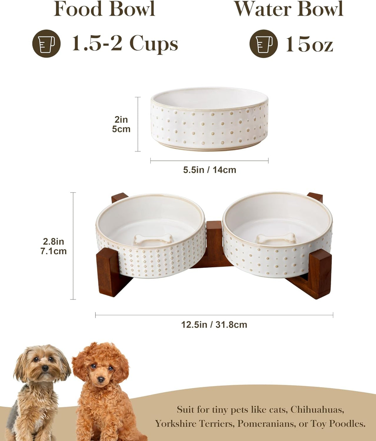 MALACASA Dog Bowl Set, Ceramic Bowls with Walnut Wood Stand, 2 Cups