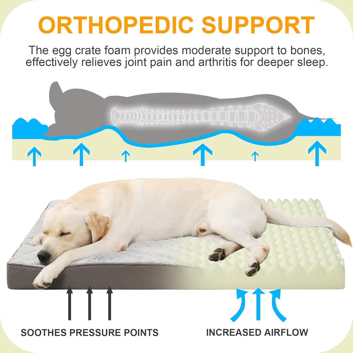 KSIIA Orthopedic Dog Bed for Large Dogs with Waterproof Lining, Grey, 35x22
