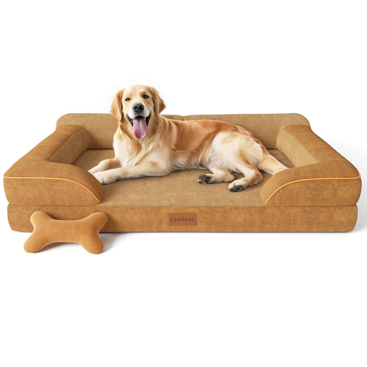 CWAWZ Extra Large Dog Bed, Orthopedic Dog Bed with Cooling Gel Memory Foam, Waterproof XL Pet Bed with Removable Washable Cover, 42" Pet Sofa Couch Dutch Velvet with Bone Toy, Light Gray