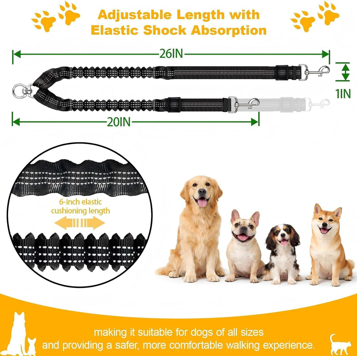 Double Dog Leash for Two Dogs, Professional No Tangle 360° Swivel Coupler with Shock Absorbing Bungee, Adjustable Length Dual-Sided Reflective Two Dogs Lead Splitter for Small Medium Large Dog