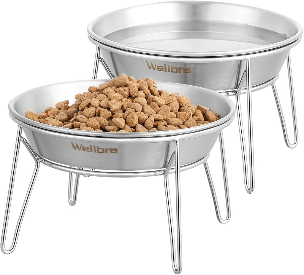 Elevated Cat Bowls, Wide Stainless Steel Cat Food Bowls with Metal Stand Whisker Stress-Free, Raised Food and Water Dish for Cats, Kitten, Puppies and Small Dogs