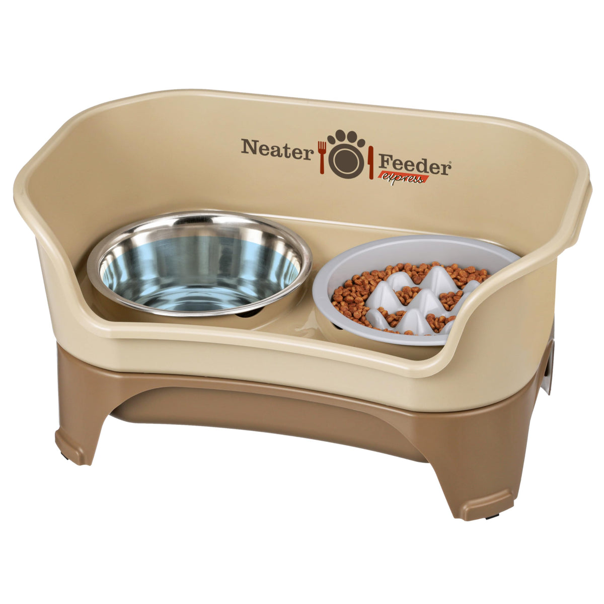 Neater Feeder Express Mess Proof Dog Bowls Elevated for Small Breeds under 15 Lb, Made in USA, No Spill Raised Dog Food Bowl Stand, Stainless Steel Food and Water Bowl Set, Feeding Station, Cappuccino