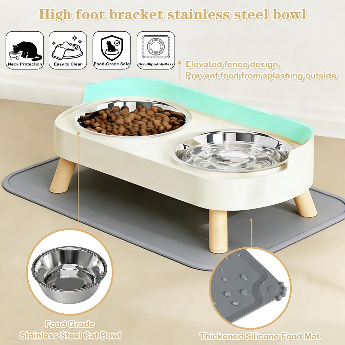 Elevated Cat Bowls with Food Mat, Splash Proof Anti Vomiting Raised Cat Food and Water Bowl Set, 2 Stainless Steel Dishes for Cats and Puppy, Pet Bowl for Indoor Cats White