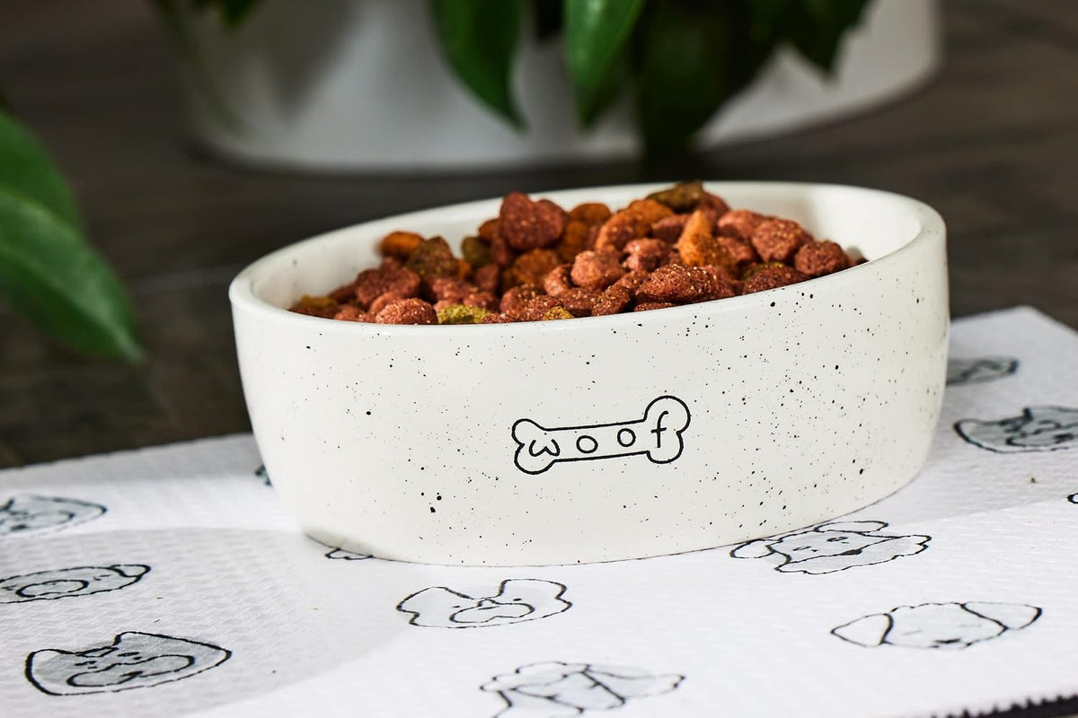 Pearhead Ceramic Dog Bowl - Woof Speckled Pet Food & Water Dish, 20 oz