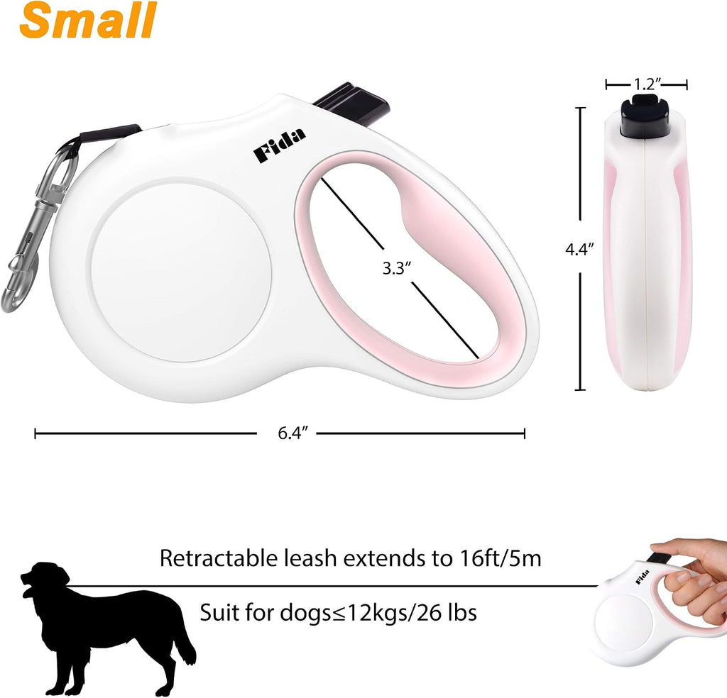 Fida Retractable Dog Leash with Dispenser and Poop Bags, 16ft, White & Pink