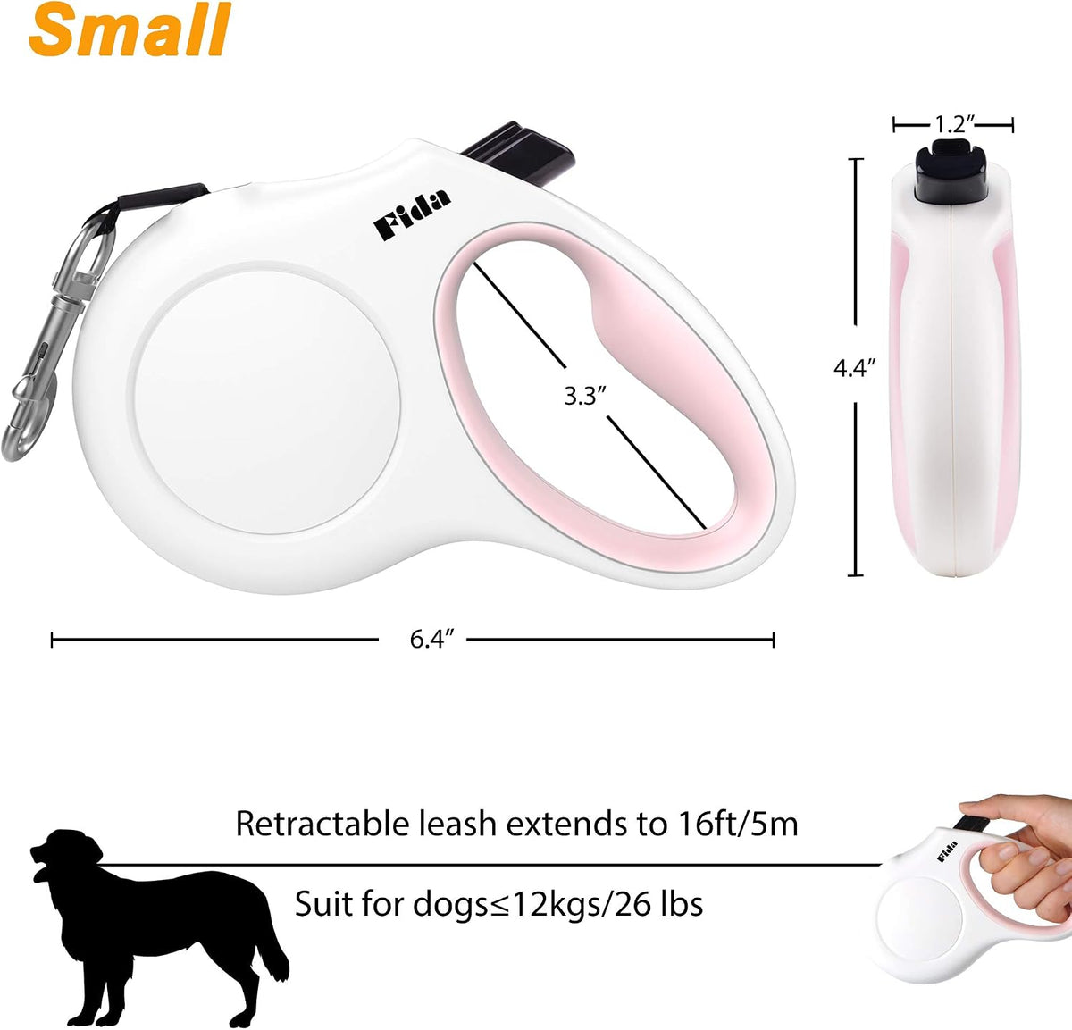 Fida Retractable Dog Leash with Dispenser and Poop Bags, 16ft, White & Pink