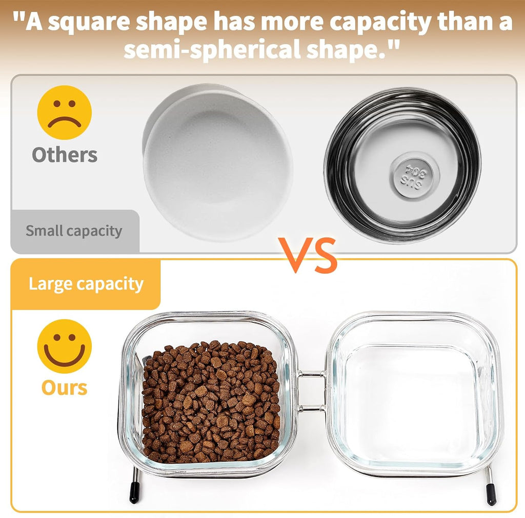 Elevated Cat Bowls, 15° Tilted Glass Raised Cat Food and Water Bowl