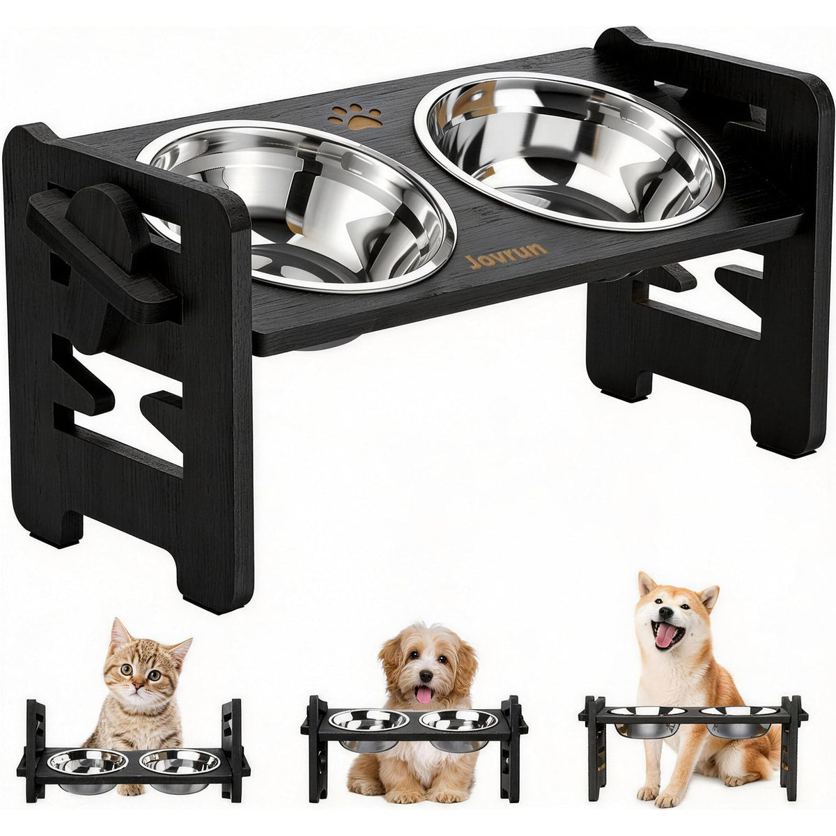 Jovrun Elevated Dog Bowls, Adjustable Raised Dog Bowl Stand for Small Size Dogs and Cats, 15°Tilted Elevated Cat Bowls, Durable Bamboo Dogs Feeder with 2 Stainless Steel Bowls and Non-Slip Feet