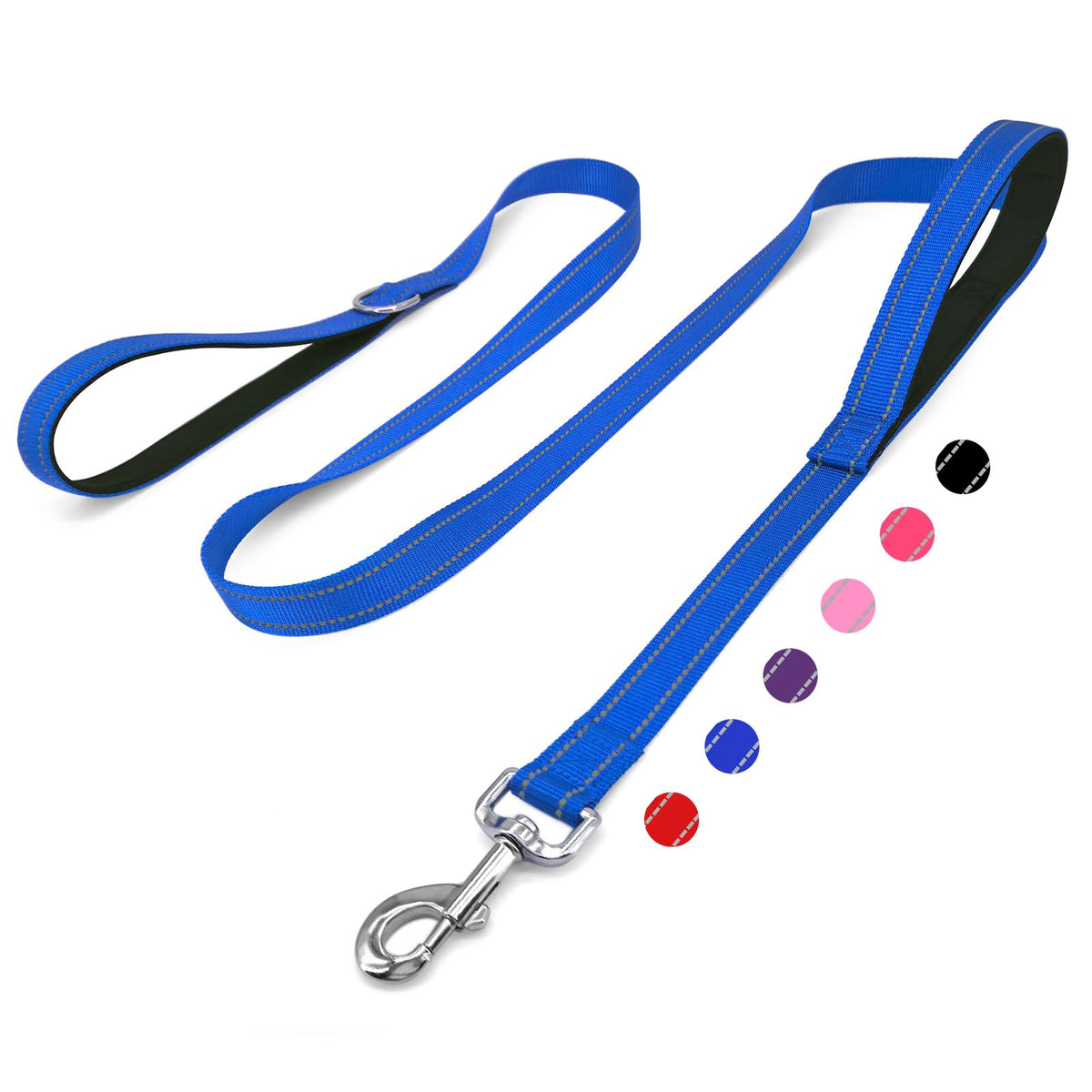 6 FT Black Nylon Reflective Dog Leash for Large Dogs with 2 Padded Handle
