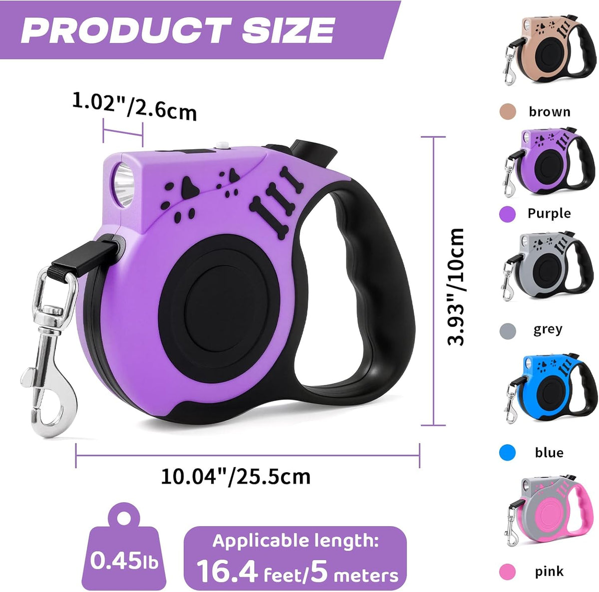 Retractable Dog Leash with USB Rechargeable Flashlight, Purple