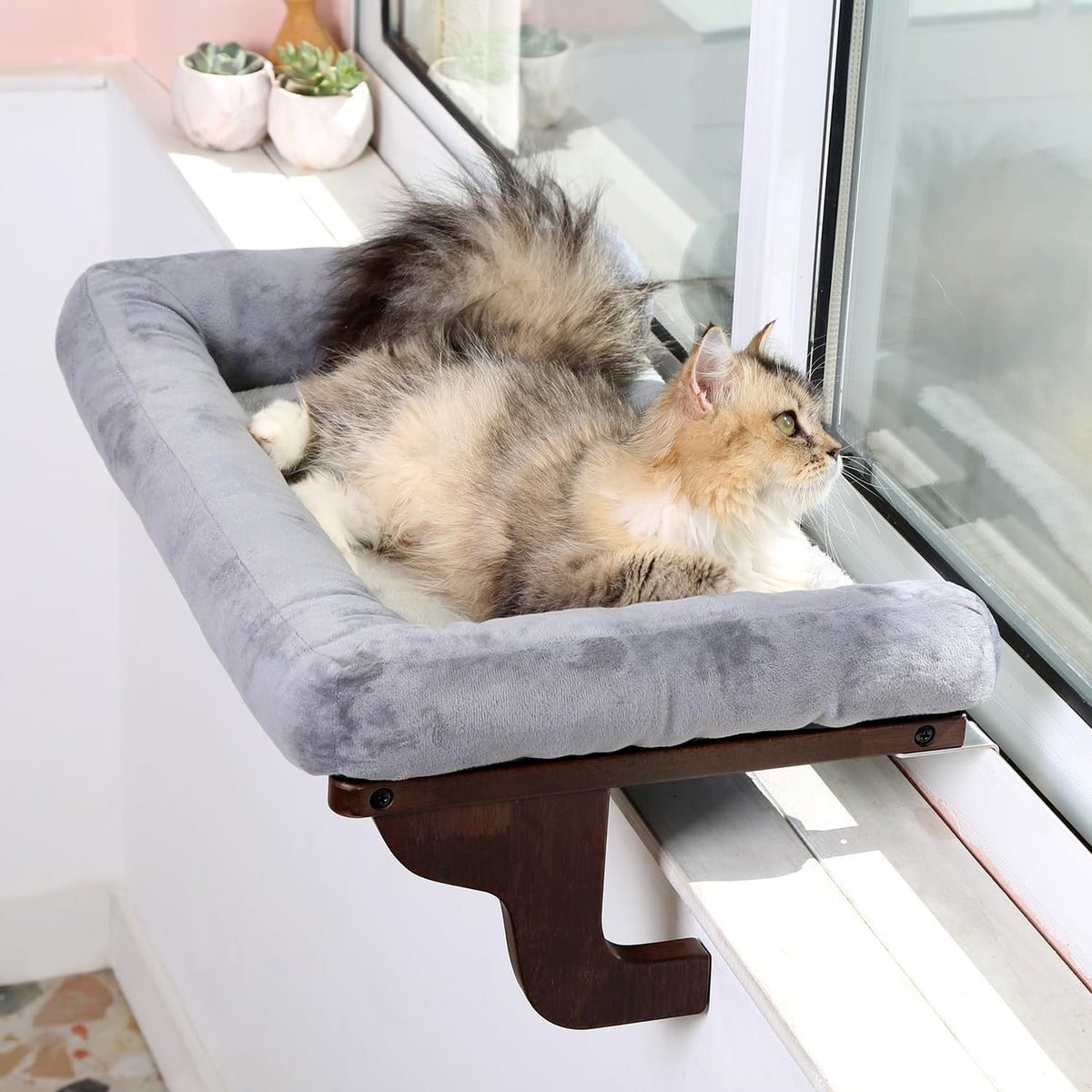 Zakkart Cat Perch for Windowsill with Bolsters (Dark Stained/Gray, L)