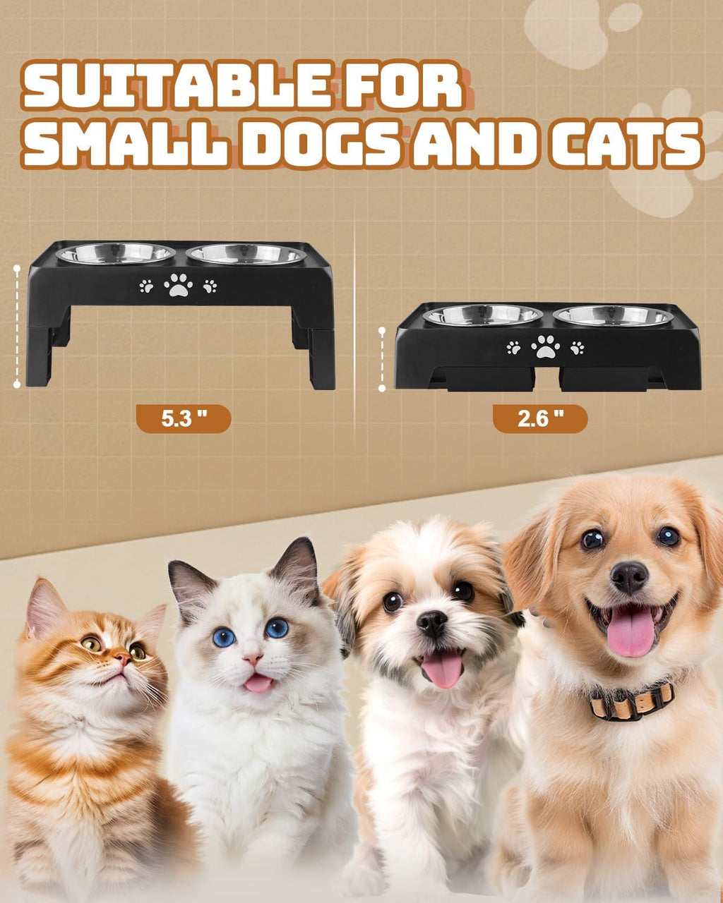 Jovrun Elevated Dog Bowls for Small Dogs and Cats, Non-Slip Cat Bowls with 2 Thick 5.5" Stainless Steel Dishes, Dog Feeder 2 Heights Adjustable to 2.6"-5.3"
