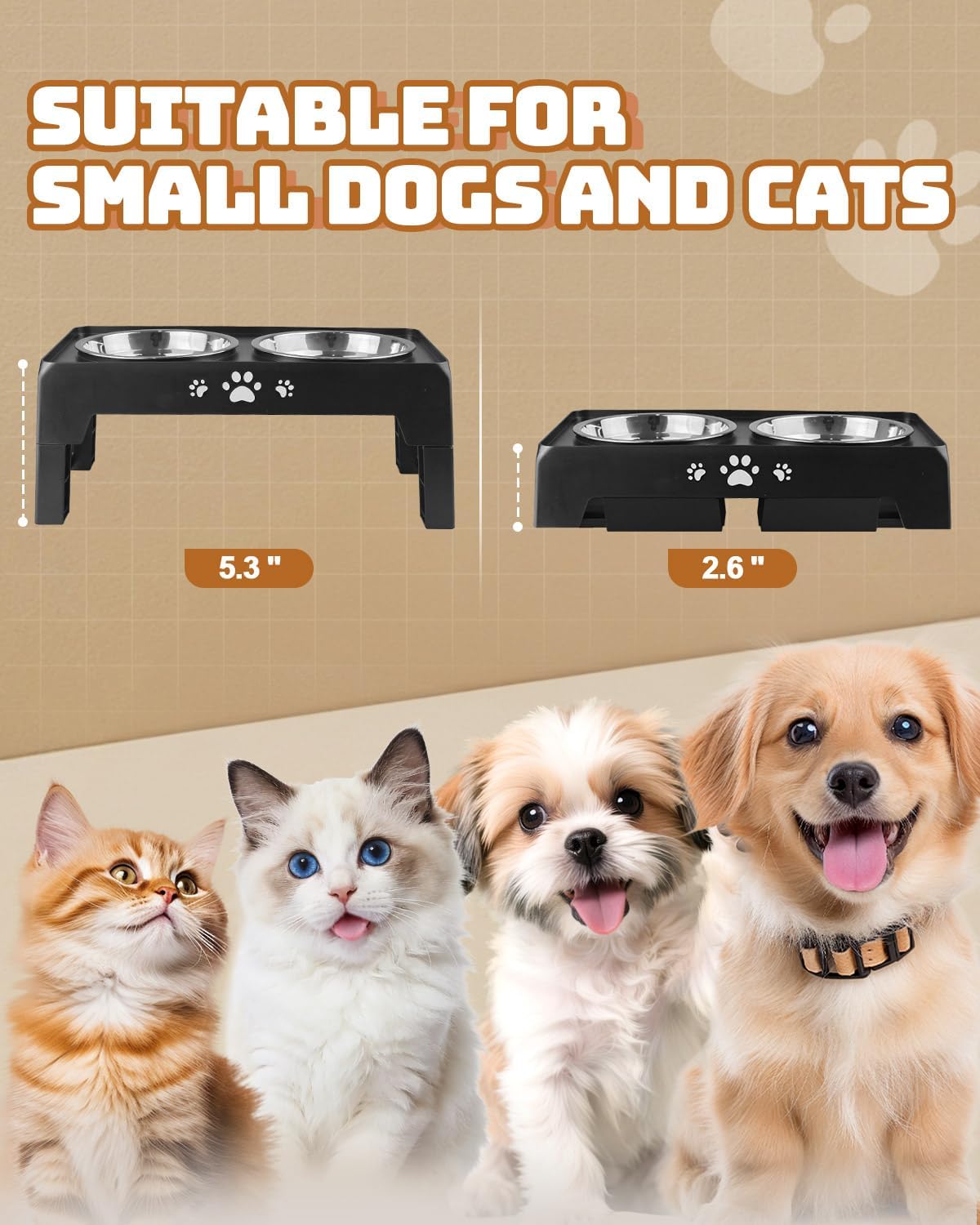 Jovrun Elevated Dog Bowls for Small Dogs and Cats, Non-Slip Cat Bowls with 2 Thick 5.5" Stainless Steel Dishes, Dog Feeder 2 Heights Adjustable to 2.6"-5.3"
