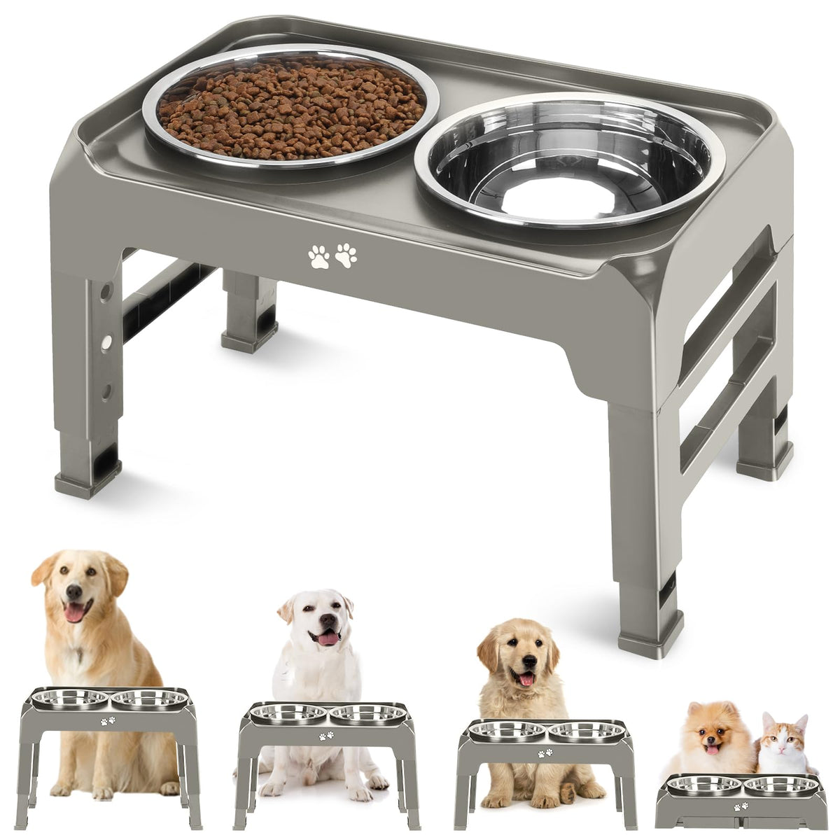 COMESOON Elevated Dog Bowls for Small Medium Dogs, 3 Height Adjustable Raised Stand with 2 Thick 6" Stainless Steel Food Bowls, Non-Slip Feeder Adjusts to 2.75", 6", 7.5", Black
