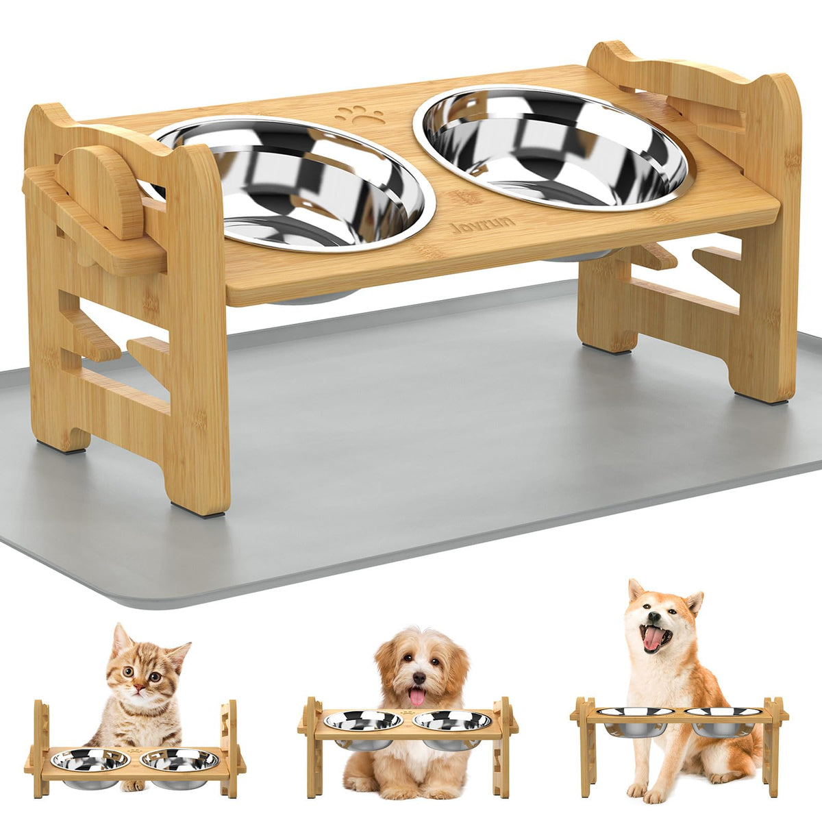 Jovrun Elevated Dog Bowls, Adjustable Raised Dog Bowl Stand for Small Size Dogs and Cats, 15°Tilted Elevated Cat Bowls, Durable Bamboo Dogs Feeder with 2 Stainless Steel Bowls and Non-Slip Feet