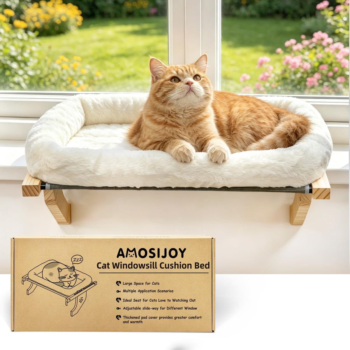 AMOSIJOY Wooden Cat Windowsill Perch with Zipper Cushion Bed, 24.4in