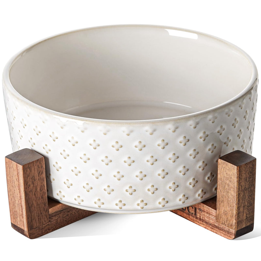 LE TAUCI Dog Bowl Set with Acacia Wood Stand - 1.8-Cup Ceramic Puppy Bowls for Small Dogs, Dual Food and Water Bowls with Weighted Non-Slip Base