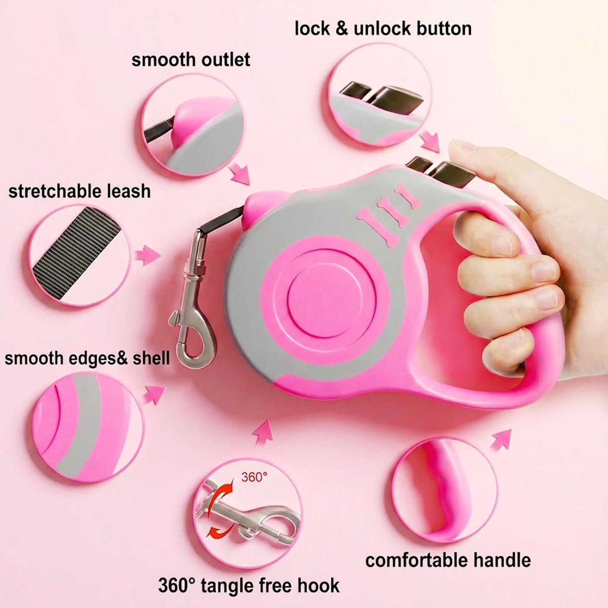 Retractable Dog Leash Lightweight 10/16FT Leash with Non-Slip Handle, for Small Dogs Puppy(Gray Pink, 10FT)