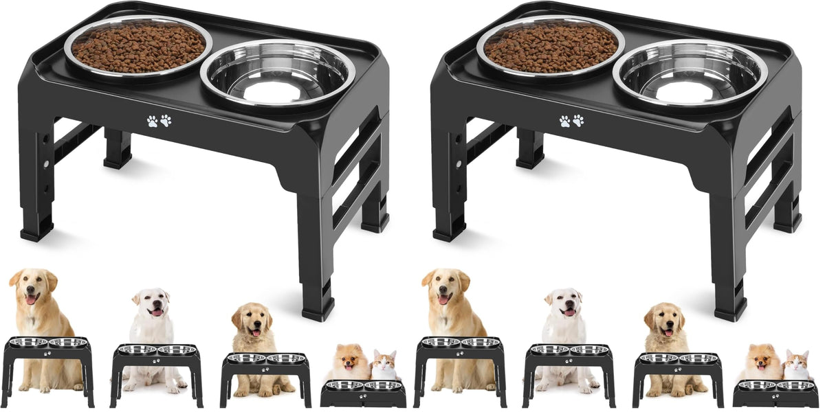 COMESOON Elevated Dog Bowls for Small Medium Dogs, 3 Height Adjustable Raised Stand with 2 Thick 6" Stainless Steel Food Bowls, Non-Slip Feeder Adjusts to 2.75", 6", 7.5", Black