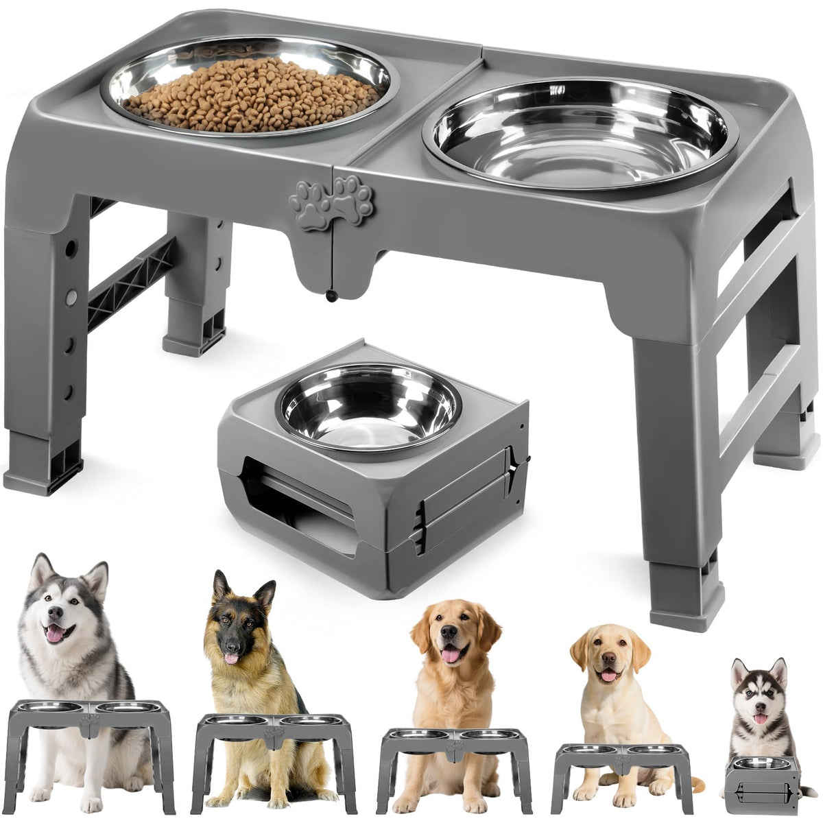 COMESOON Elevated Dog Bowls for Small Medium Dogs, 3 Height Adjustable Raised Stand with 2 Thick 6" Stainless Steel Food Bowls, Non-Slip Feeder Adjusts to 2.75", 6", 7.5", Black