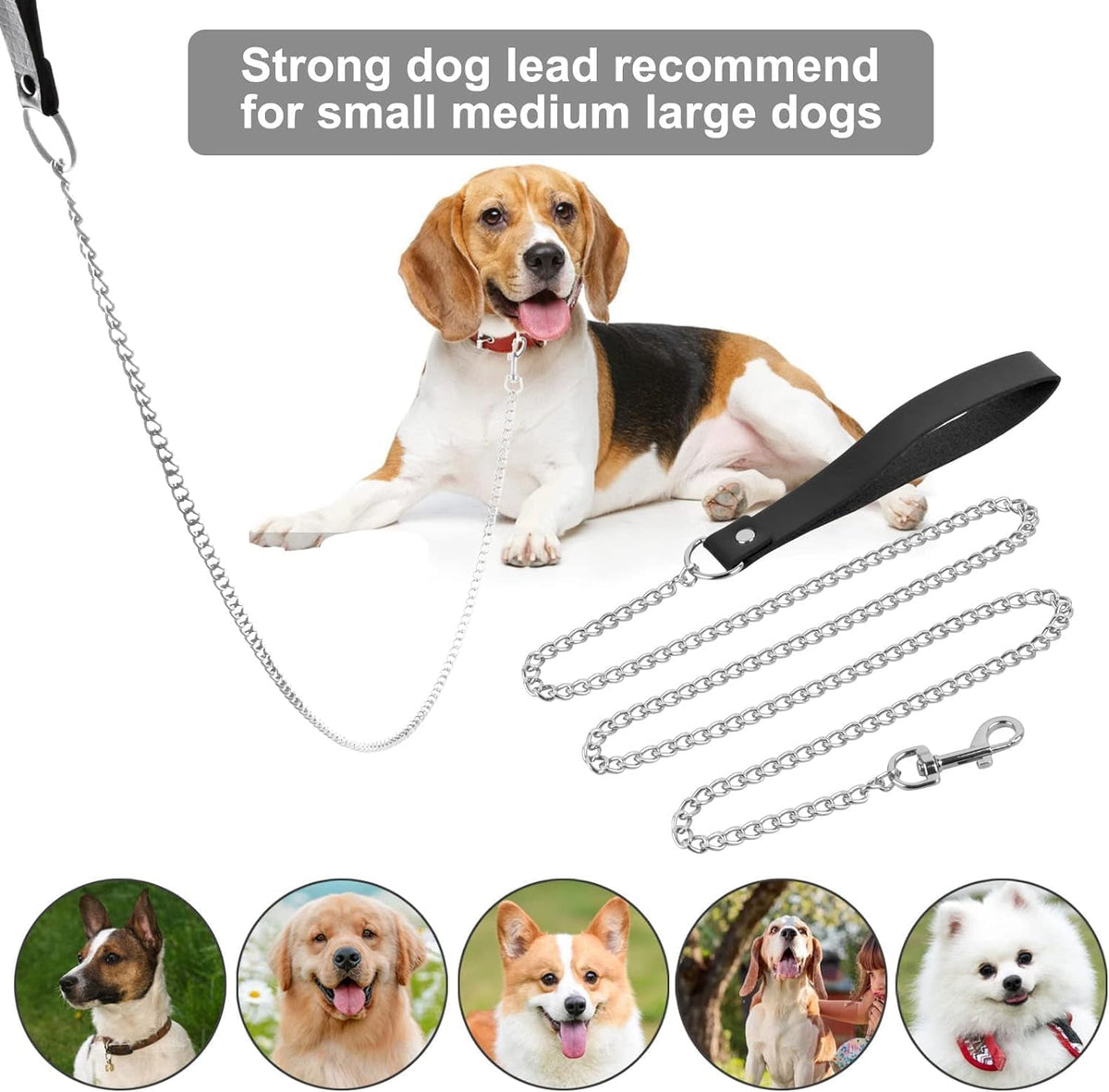 Chain Heavy Duty Metal Dog Leash, 6FTx3mm Chew Proof Pet Leash Chain with Soft Padded Handle for Large & Medium Size Dogs Walking, Training and Traveling (30-120 lbs)