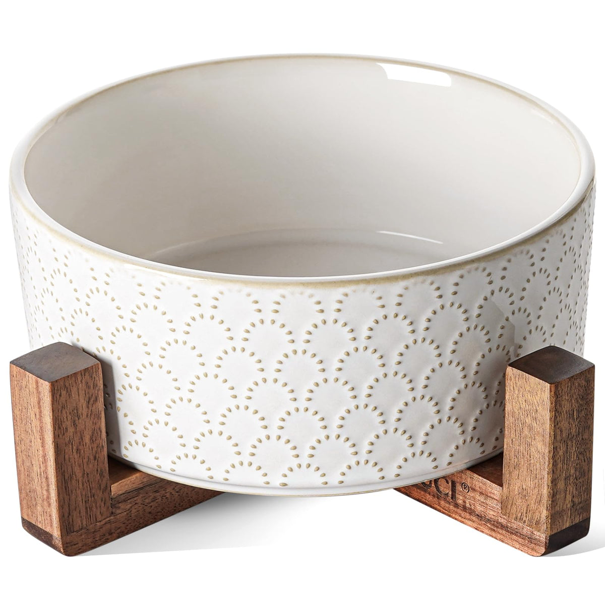 LE TAUCI Dog Bowl Set with Acacia Wood Stand - 1.8-Cup Ceramic Puppy Bowls for Small Dogs, Dual Food and Water Bowls with Weighted Non-Slip Base