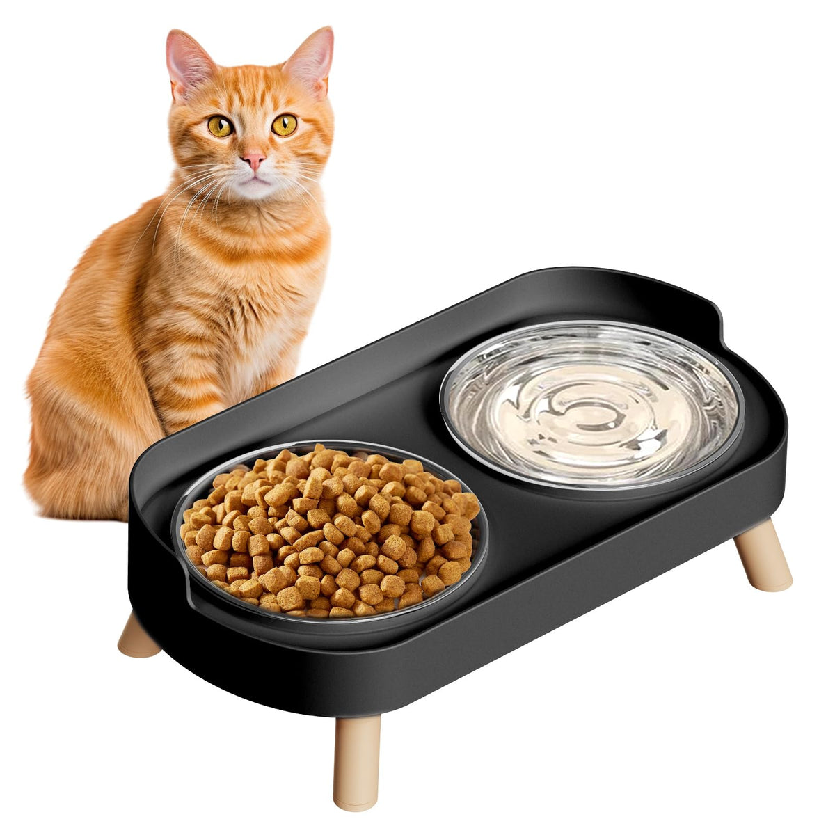 Elevated Cat Bowl, Raised Cat Food and Water Bowl Set for Indoor Cats, Splash Proof with 2 Stainless Steel Pet Food Bowls for Cats and Puppies, Whisker Fatigue and Dishwasher Safe - White