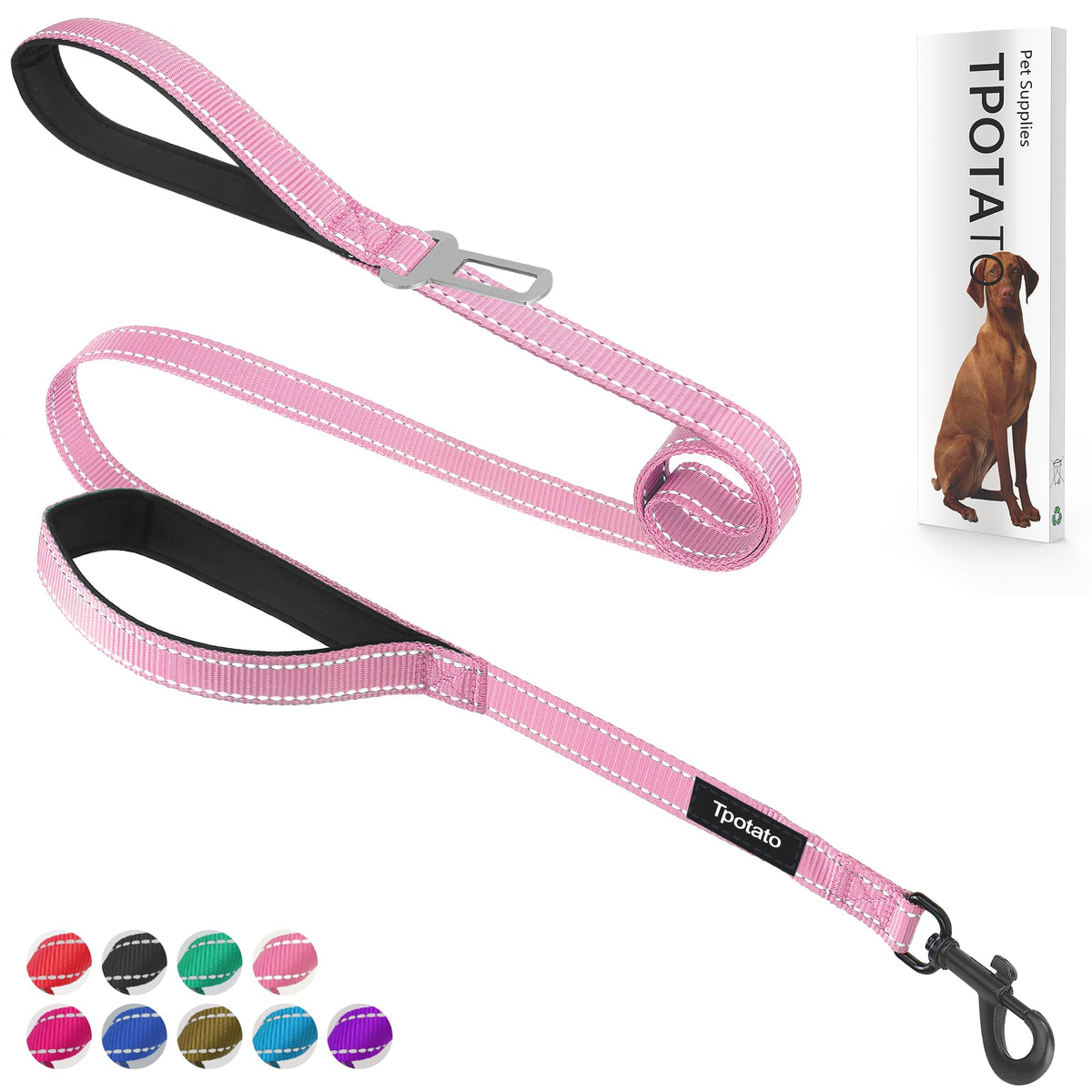 6 Foot Black Dog Leashes for Large Medium and Small Breed Dogs That Pull,Reflective Nylon Heavy Duty Dog Leash with 2 Comfortable Padded Traffic Handles and Car Seat Belt for Walking and Training