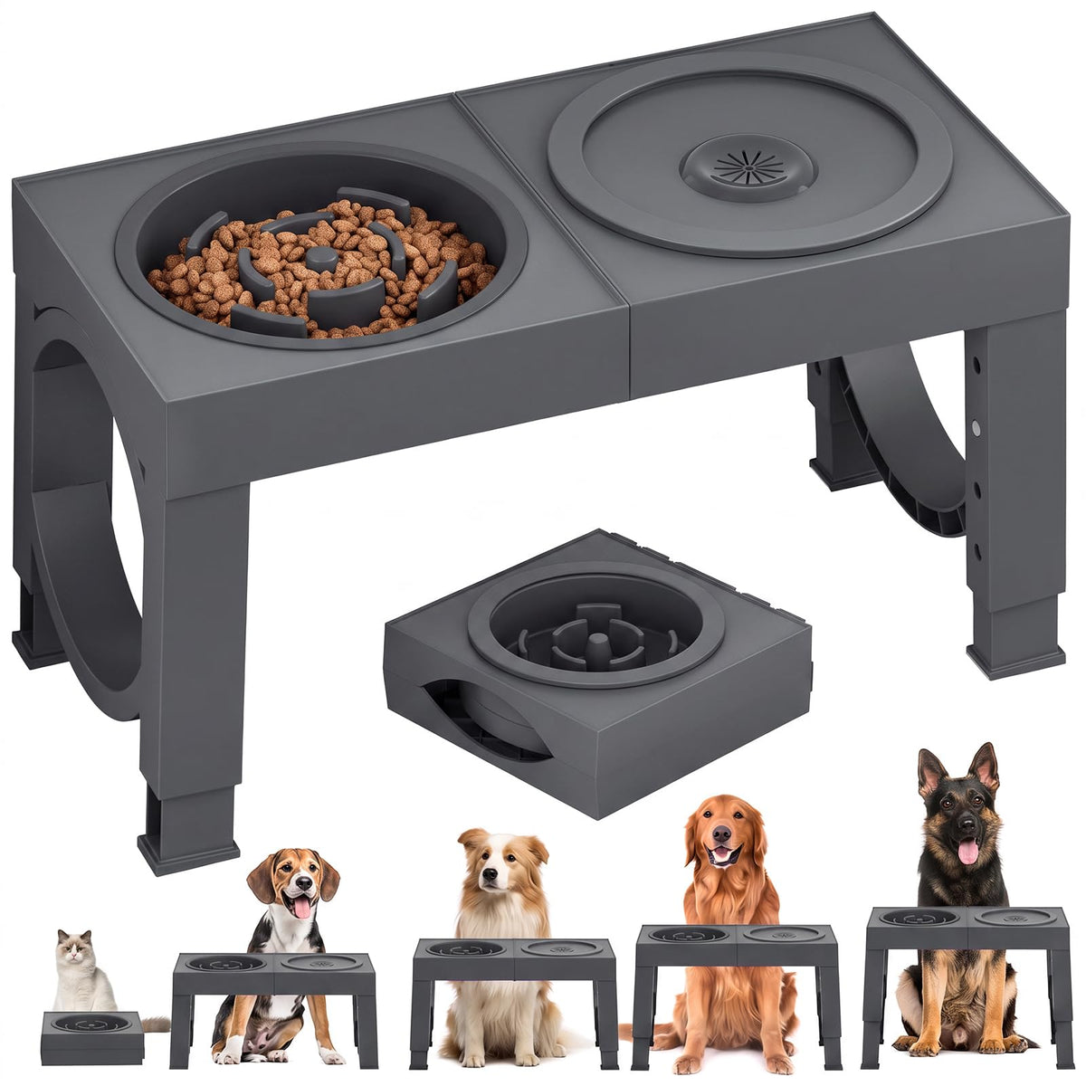 XIAZ Elevated Dog Bowls Large Breed Raised Dogs Bowl Stand Large/Medium Sized Dog Stainless Steel Food Water Bowl Stands 5 Heights Adjustable 9/11/12/14in Black Pet Feeder Dish Station