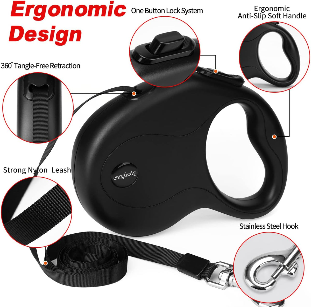 enrgticdg 16Ft Retractable Dog Leash,Light Weight Leash for Small to Medium Dogs/Cats Up to 50lbs,Stainless Steel Spring Strong Nylon Tape, Tangle Free, One-Handed Brake.(Black)