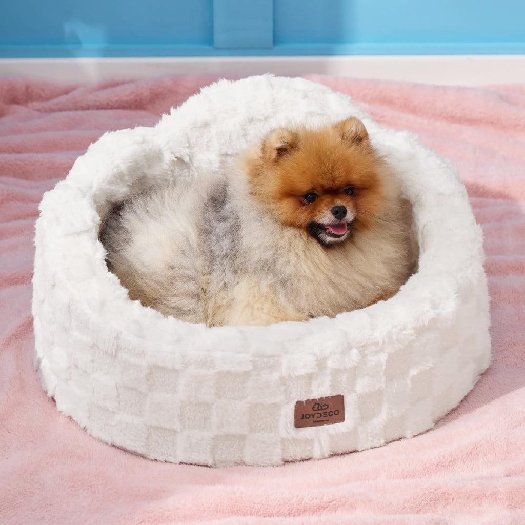 Joydeco Cloud Dog Bed for Small Dogs & Cats, Washable Pet Bed with Orthopedic Foam and Removable Checkered Plush Pad, Non-Slip Bottom for Indoor Puppies and Kittens, 27x24 Inch, White