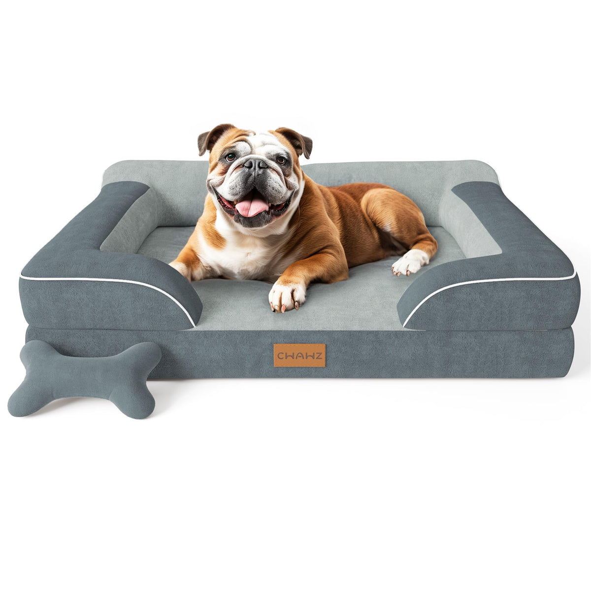 CWAWZ Extra Large Dog Bed, Orthopedic Dog Bed with Cooling Gel Memory Foam, Waterproof XL Pet Bed with Removable Washable Cover, 42" Pet Sofa Couch Dutch Velvet with Bone Toy, Light Gray