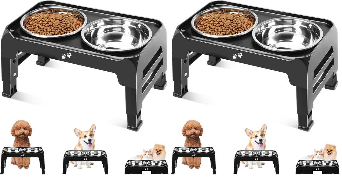 COMESOON Elevated Dog Bowls for Small Medium Dogs, 3 Height Adjustable Raised Stand with 2 Thick 6" Stainless Steel Food Bowls, Non-Slip Feeder Adjusts to 2.75", 6", 7.5", Black