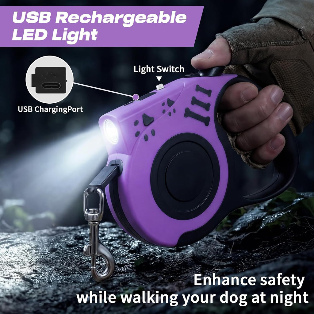 Retractable Dog Leash with USB Rechargeable Flashlight, Purple