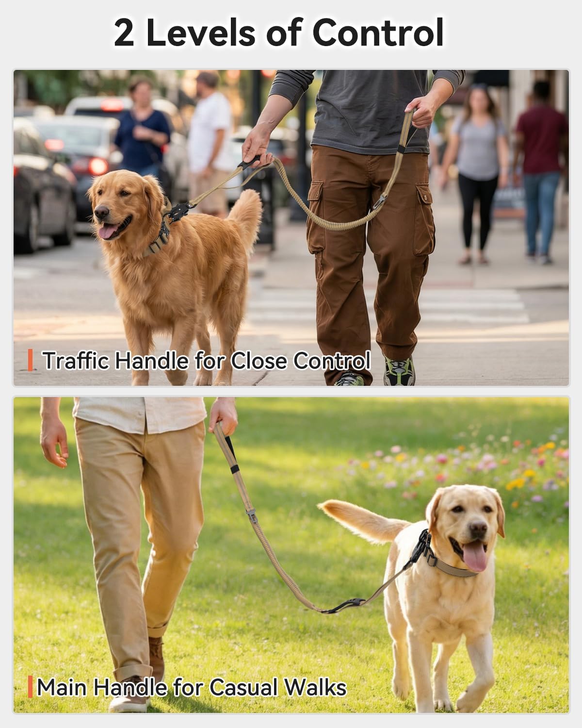 Joytale Tactical Bungee Dog Leash, Shock Absorbing No Pull, Coyote Brown