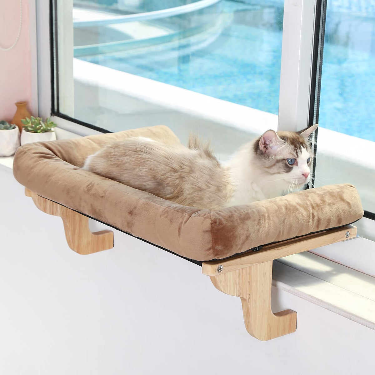 Zakkart Cat Perch for Windowsill with Bolsters (Dark Stained/Gray, L)