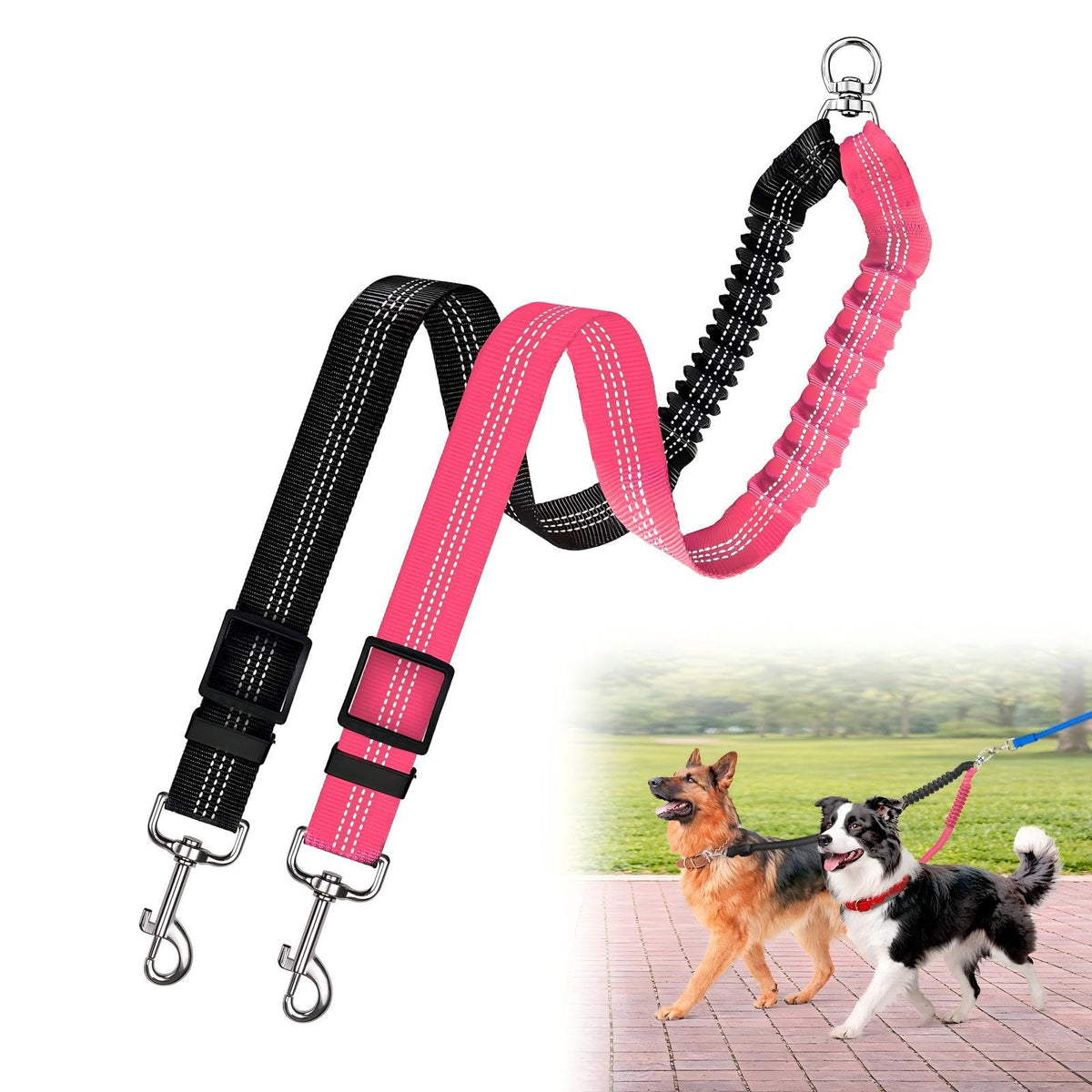 Double Dog Leash for Two Dogs, Professional No Tangle 360° Swivel Coupler with Shock Absorbing Bungee, Adjustable Length Dual-Sided Reflective Two Dogs Lead Splitter for Small Medium Large Dog