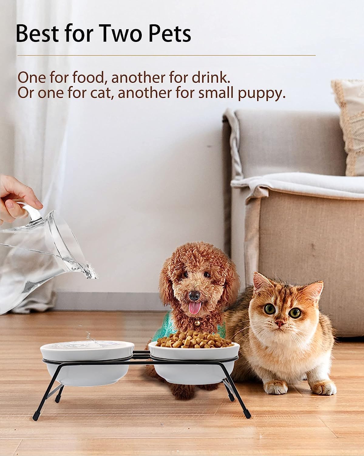 COMESOON 5" Ceramic Cat Bowl with Paws Pattern, Cat Food Bowl for Food and Water, Healthy Cat Dishes for Indoor Cats and Small Dogs, Dishwasher Safe & Microwaveable - White