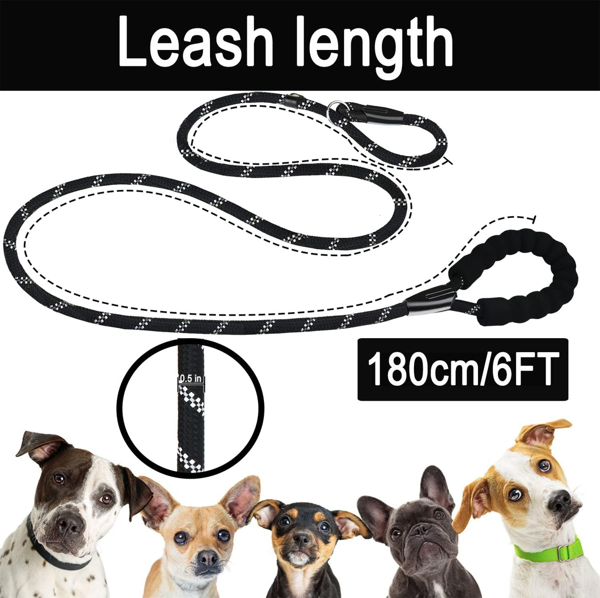 Dog Leash, 6 FT Heavy Duty Dog Leashes with Comfortable Padded Handle,Black
