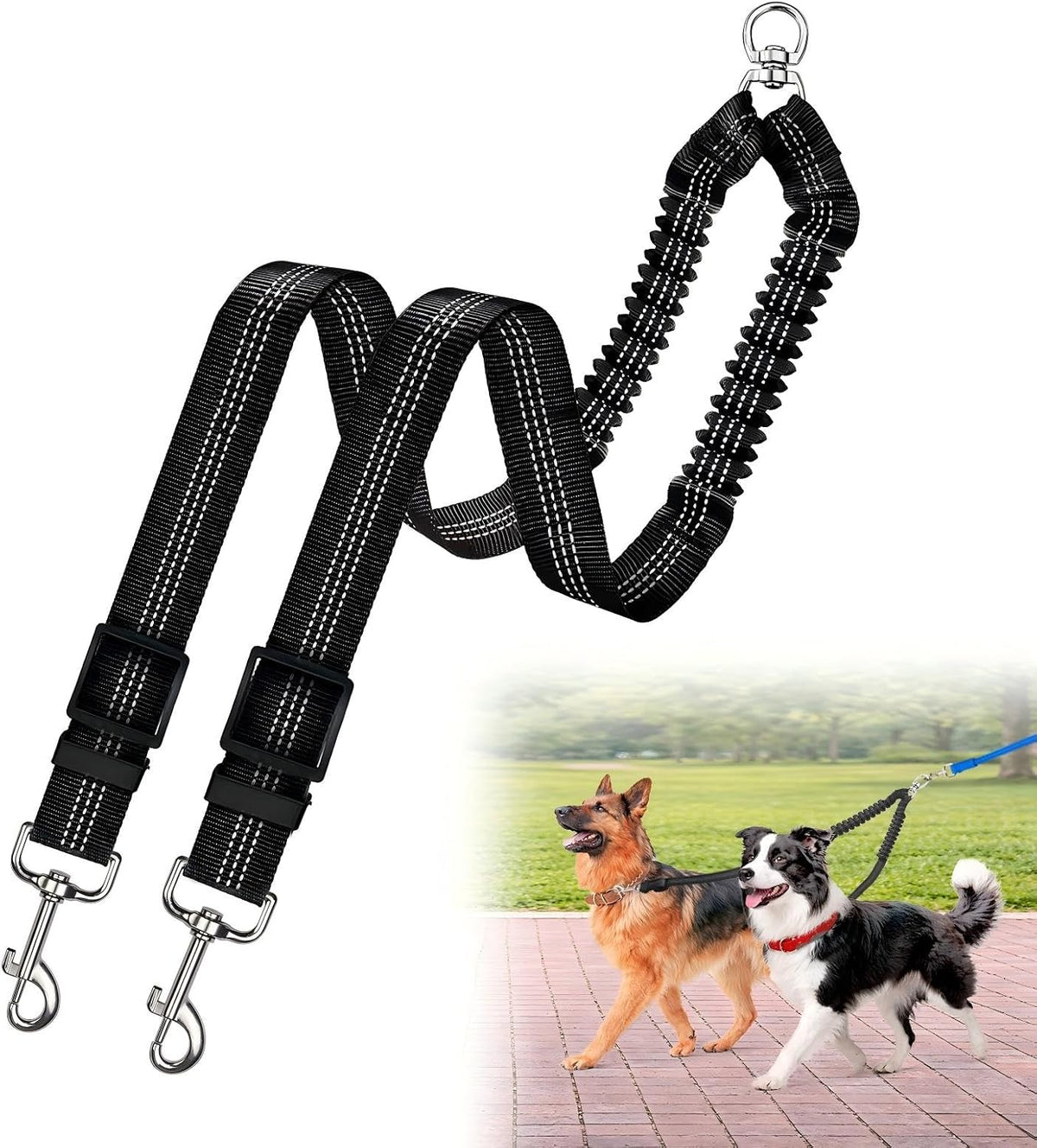 Double Dog Leash for Two Dogs, Professional No Tangle 360° Swivel Coupler with Shock Absorbing Bungee, Adjustable Length Dual-Sided Reflective Two Dogs Lead Splitter for Small Medium Large Dog