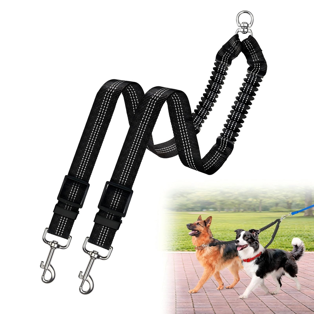 Double Dog Leash for Two Dogs, Professional No Tangle 360° Swivel Coupler with Shock Absorbing Bungee, Adjustable Length Dual-Sided Reflective Two Dogs Lead Splitter for Small Medium Large Dog